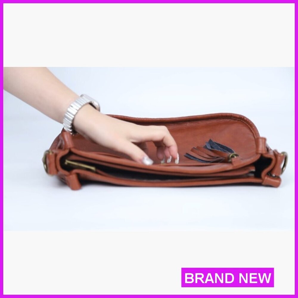Vegan Leather Hobo Crossbody Bag with Guitar Strap Adjustable Tassel Purse - Picture 7 of 7